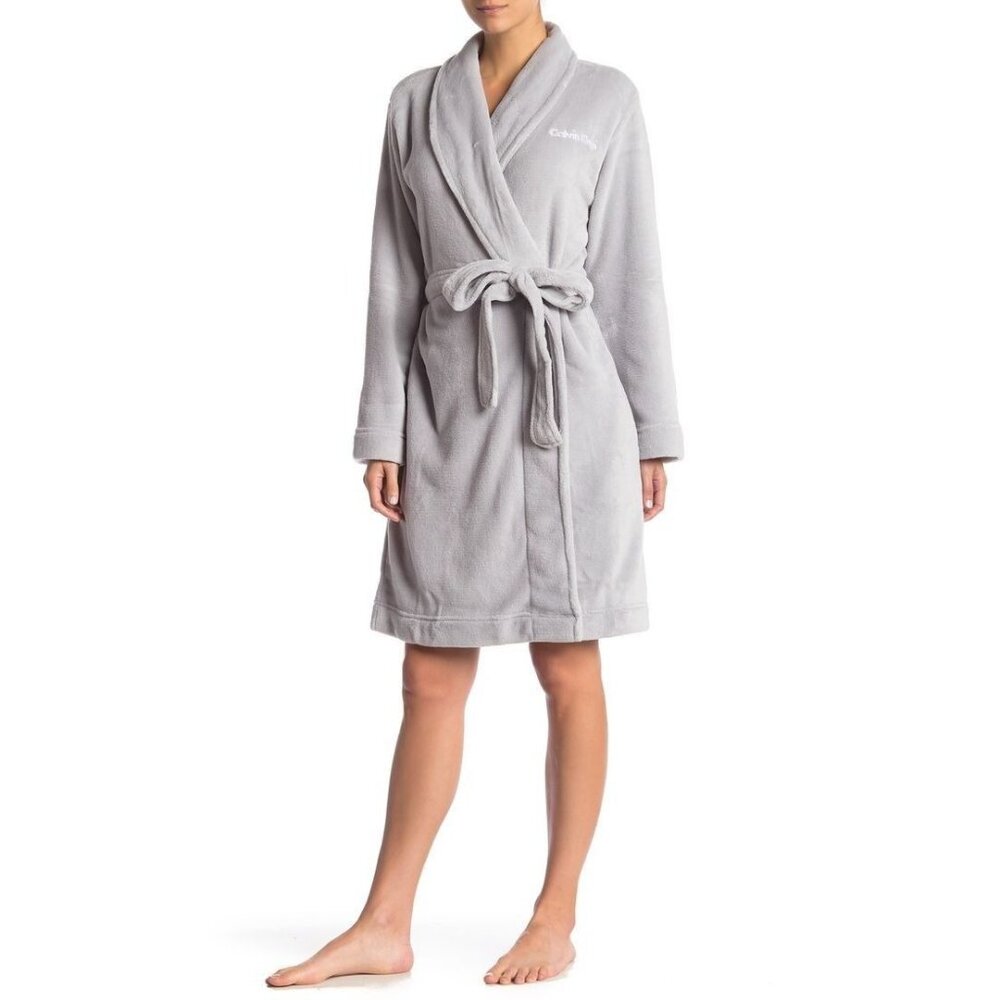 Calvin Klein Womens Plush Gray Robe Belted Fleece Sleepwear Logo M/L Cozy Comfor